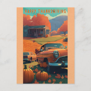 Carte Postale Bon thanksgiving Vintage Car Citrouille orange