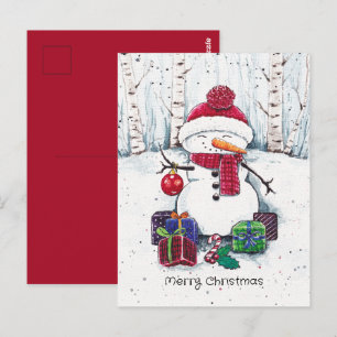Carte Postale Bonhomme de neige avec des cadeaux en aquarelle  C