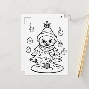 Carte Postale bonhomme de neige de Noël festif arbre enfant colo