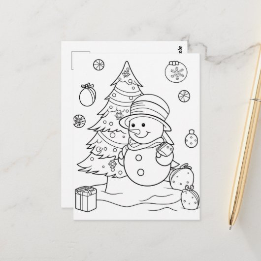 Carte Postale bonhomme de neige de Noël festif coloriage enfant  (Devant/Arrière en situation)