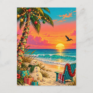 Carte Postale Bonhomme de neige de sable tropical et coucher de