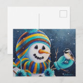 Carte Postale Bonhomme de neige d'hiver nourrissant un mésange à (Devant / Derrière)