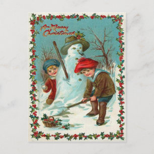 Carte Postale Bonhomme de neige Enfants Neige houx