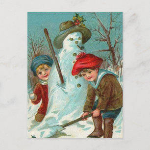 Carte Postale Bonhomme de neige Enfants Neige houx