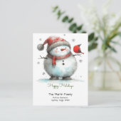 Carte Postale Bonhomme de neige fantaisiste et oiseau rouge Joye (Debout devant)