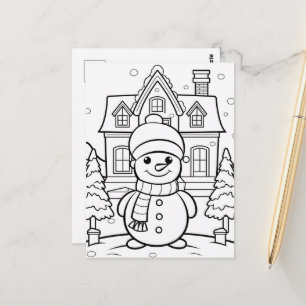 Carte Postale Bonhomme de neige festif coloriage enfants 