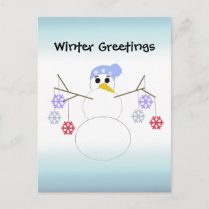 Carte Postale Bonhomme de neige friable avec ornements en flocon
