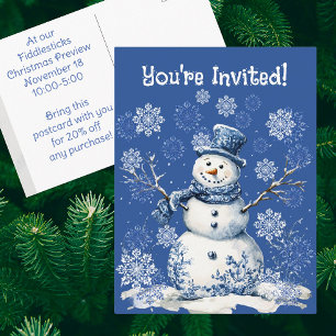 Carte Postale Bonhomme de Neige Joyeux Flocons Bleu Blanc Entrep