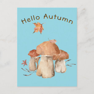 Carte Postale Bonjour Automne Feuilles Sèches Champignons Aquare