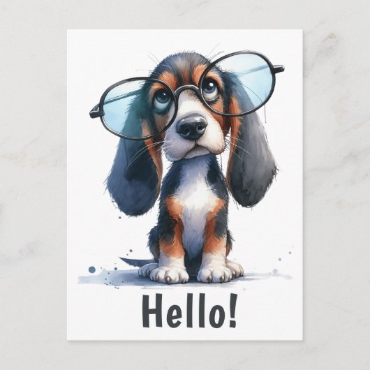 Carte Postale Bonjour | Drôle de chiot Basset Hound  (Devant)