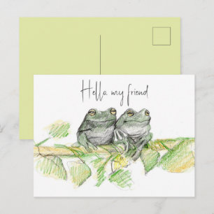 Carte Postale Bonjour les amis Grenouilles Branche d'arbre Dessi