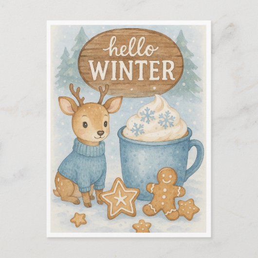 Carte Postale Bonjour l'hiver.Reinder douillet, cacao chaud, pai (Devant)