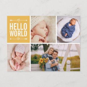 Carte Postale Bonjour Monde et annonce de naissance Photo Collag
