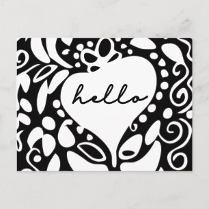 Carte Postale "Bonjour" Noir & Blanc, cœurs, feuilles motif
