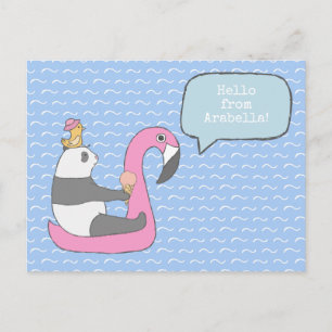 Carte Postale Bonjour Panda Flamant rose Flotte glace crème mign