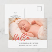 Carte Postale Bonjour - Photo faire-part de naissance moderne (Devant / Derrière)