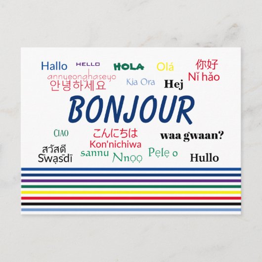 Carte Postale Bonjour plusieurs langues bandes (Devant)
