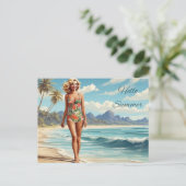 Carte Postale Bonjour Summer Retro Lady Walking sur la plage (Debout devant)