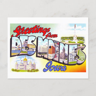 Carte Postale Bonjour vintage de Des Moines, Iowa,