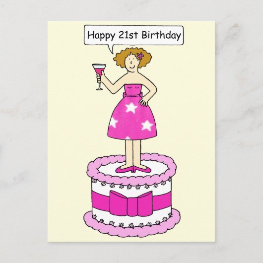 Carte Postale Bonne 21e dame caricaturale d'anniversaire sur un  (Devant)