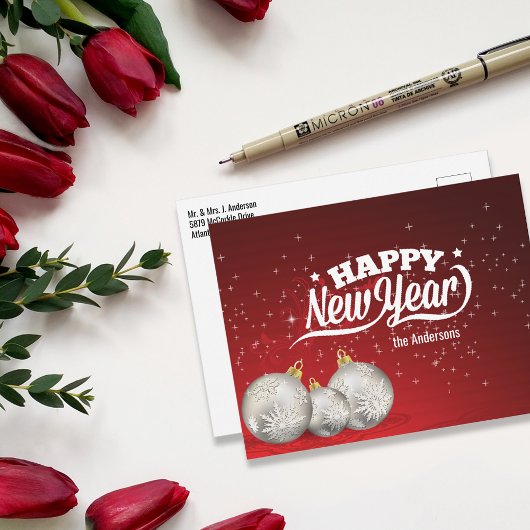 Carte Postale Bonne année | Baubles d'argent | Rouge