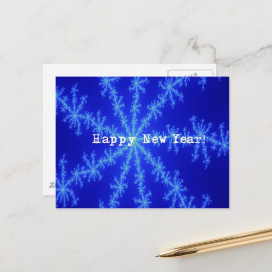 Carte Postale Bonne année Flocon de neige bleu abstrait (Devant/Arrière en situation)