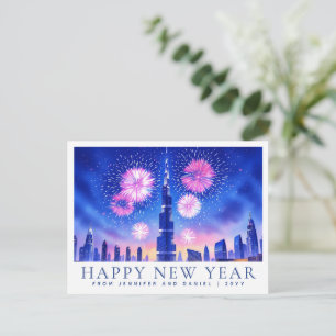 Carte Postale Bonne année personnalisée à l'aquarelle Dubaï Feux