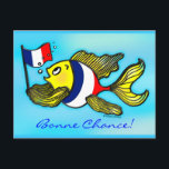 Carte Postale BONNE CHANCE French Flag Fish funny cartoon<br><div class="desc">Funny sparky yellow French fish is holding the French flag :). This gorgeous gift will put a smile on your face:) This wonderful design appears on a range of matching gifts such as Greeting Cards,  T-shirts,  mugs and much more. Wishing you a gorgeous visit to France :) FabSpark</div>