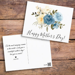 Carte Postale bonne fête des mères aquarelle bleu floral chic