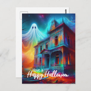 Carte Postale Bonne Halloween Maison hantée et fantôme