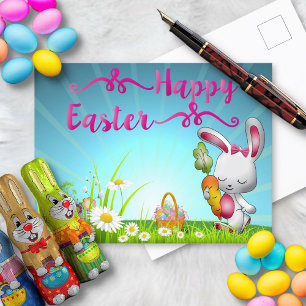 Carte Postale Bonne Pâques Salutation Bunny Fleurs de Printemps