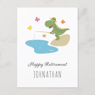 Carte Postale Bonne Retraite Joli Dinosaure de Dessin Animé Pêch