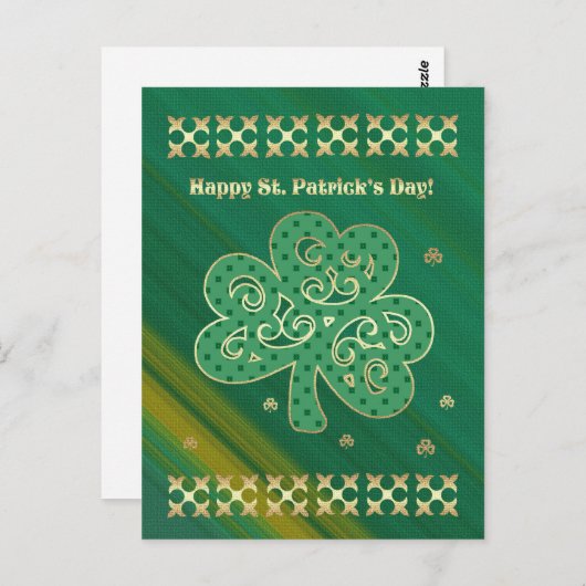 Carte Postale Bonne Saint Patrick. Élégant Shamrock Or (Devant / Derrière)
