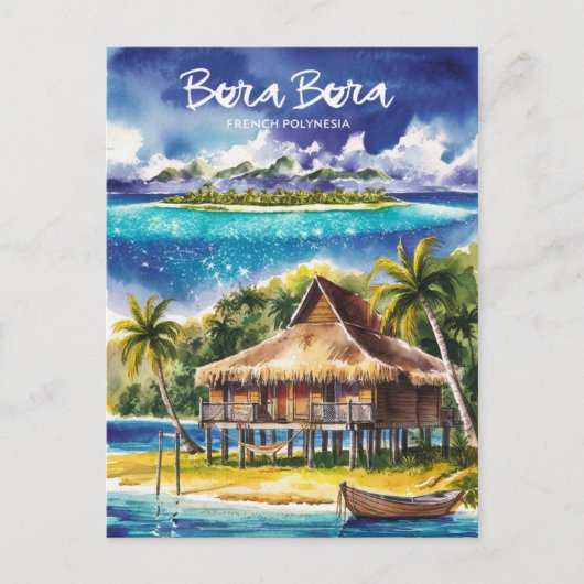 Carte Postale Bora Bora Polynésie Française Aquarelle Peinture (Devant)