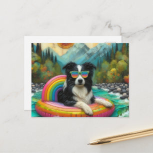 Carte Postale Border Collie sur un flotteur de couleur arc-en-ci