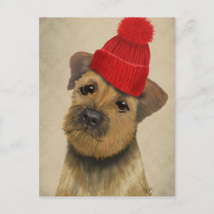 Carte Postale Border Terrier with Red Bobble Hat
