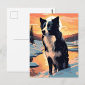 Carte Postale Bordure Collie dans la forêt enneigée au coucher d (Devant / Derrière)