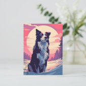 Carte Postale Bordure Collie dans la forêt enneigée au coucher d (Debout devant)