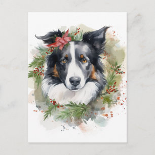 Carte Postale Bordure Collie Fête de Noël Wreath Pup