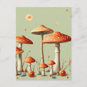 Carte Postale Bordure de Champignons Orange Légèrement Vert Clai