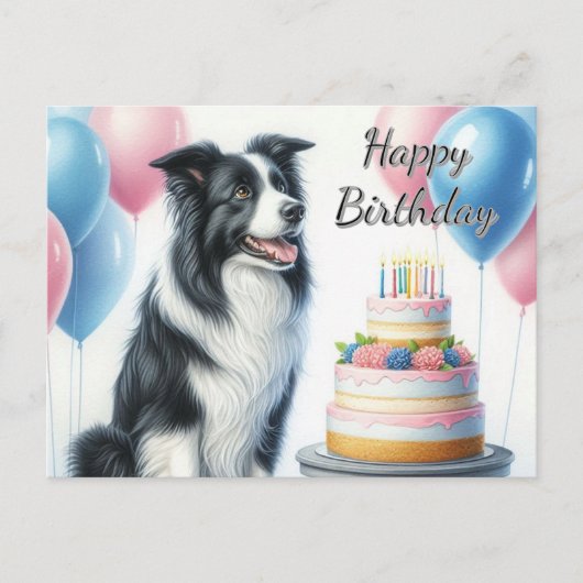 Carte Postale Bordure de Collie de Border Ballons de Gâteau d'An (Devant)
