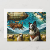 Carte Postale Bordure de Steampunk Collie avec mouton et limbe (Devant / Derrière)