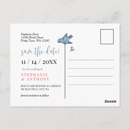 Carte Postale Bordure des oiseaux Fleurs sauvages turquoises Enr (Dos)