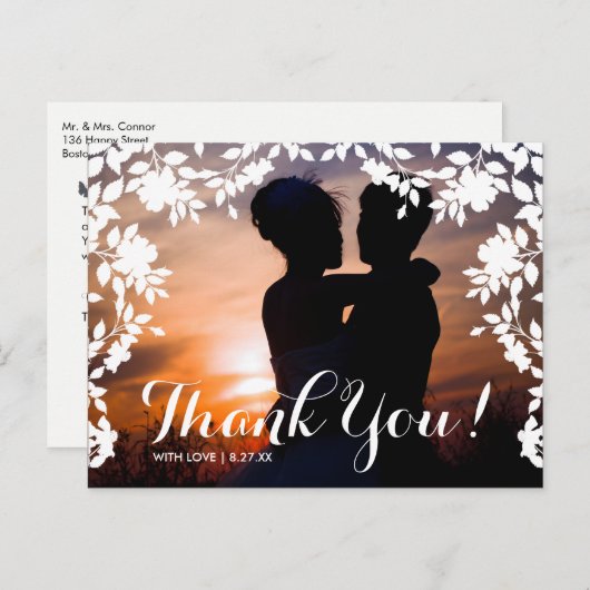 Carte Postale Bordure romantique de fleurs | MERCI (Devant / Derrière)