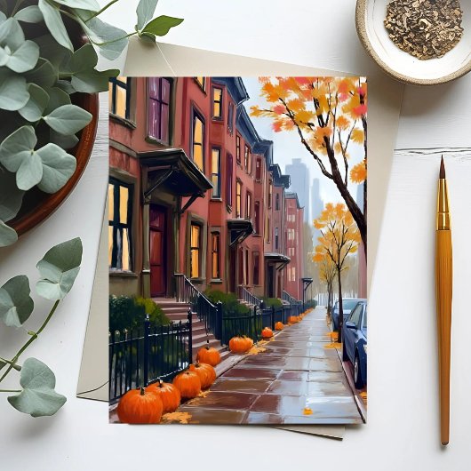 Carte Postale Boston Autumn Brownstones Pumpkin Watercolor