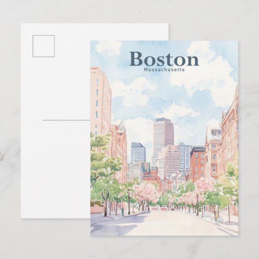 Carte Postale Boston Massachusetts Gouache Illustration Voyage (Devant / Derrière)