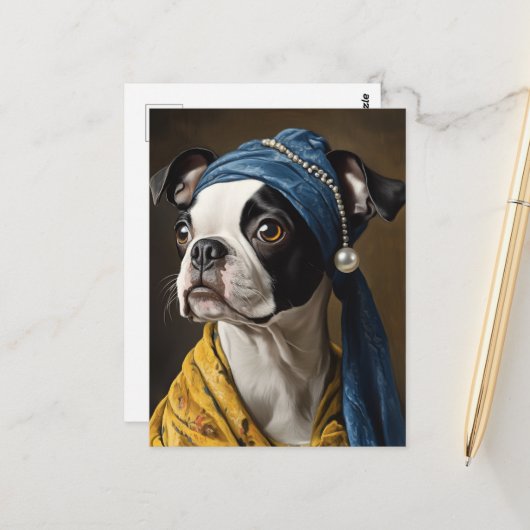 Carte Postale Boston Terrier Avec Pearl Earring Fine Art Parodie (Devant/Arrière en situation)