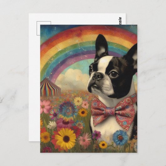 Carte Postale Boston Terrier Circus Hippie Rainbow (Devant / Derrière)