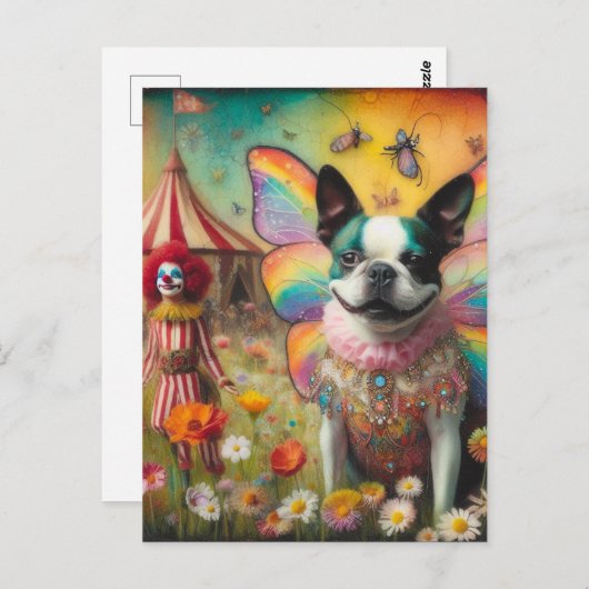 Carte Postale Boston Terrier Fairy Circus Clown (Devant / Derrière)
