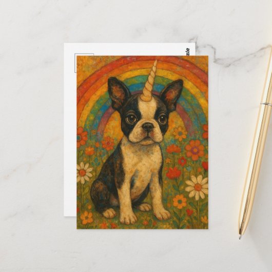 Carte Postale Boston Terrier Unicorn Puppy et Rainbow (Devant/Arrière en situation)